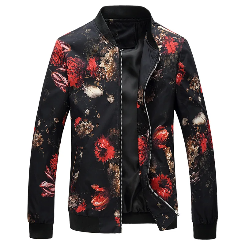 Men Floral Printed Fashion Slim Fit Mens Casual Jackets Long Sleeve Spring Autumn Bomber Jacket  Mens Windbreaker Coat Male
