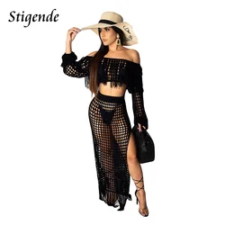 Stigende Long Sleeve Crochet 2 Piece Cover Up Set Women Hollow Out Beach Swimwear Off Shoulder Tassel Crop Top and Split Skirt