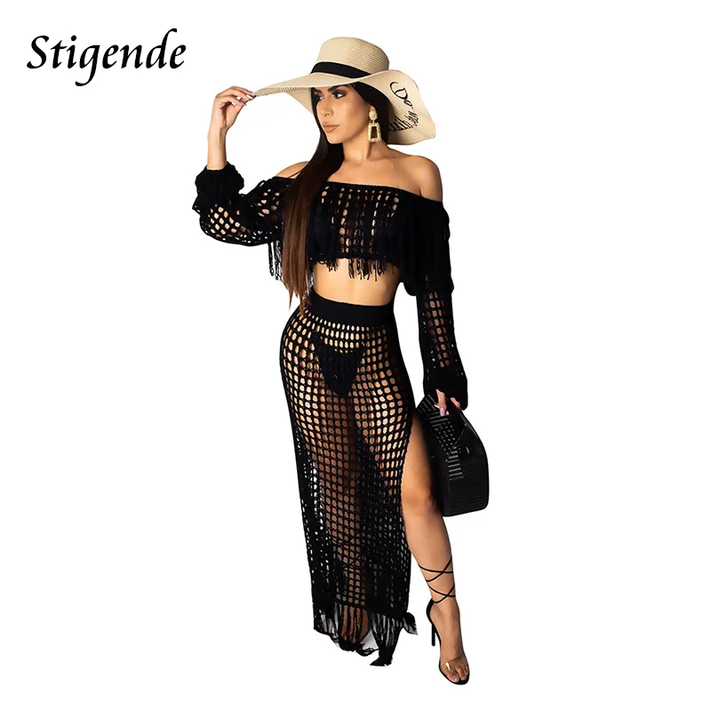 Stigende Long Sleeve Crochet 2 Piece Cover Up Set Women Hollow Out Beach Swimwear Off Shoulder Tassel Crop Top and Split Skirt