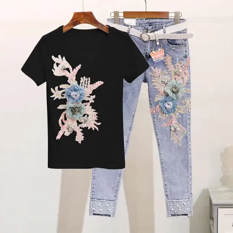 Two piece set New Women Suits Summer T-Shirt Bead Embroidery Short-Sleeved Tops  Hole Jeans Female Chic Loose Two Piece Suit