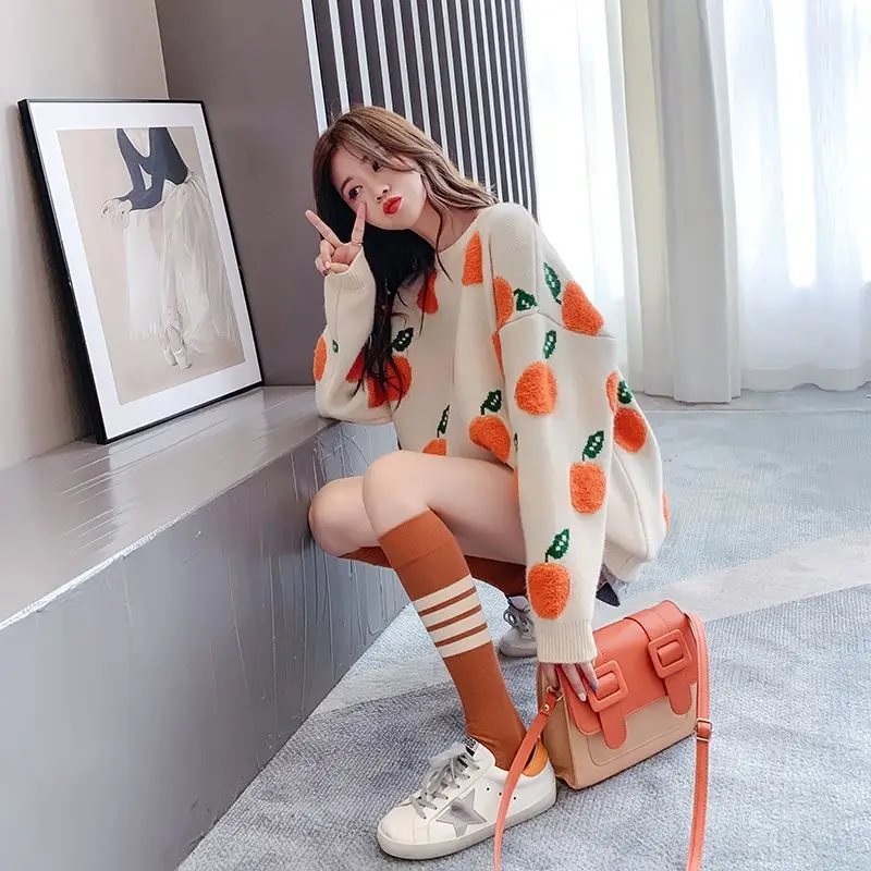 Lovely Women Jumpers Black Beige Sweater O-Neck Colorful Candy Color Oranges Pattern Knitwear Slim All-Match Lady Pullovers Tops