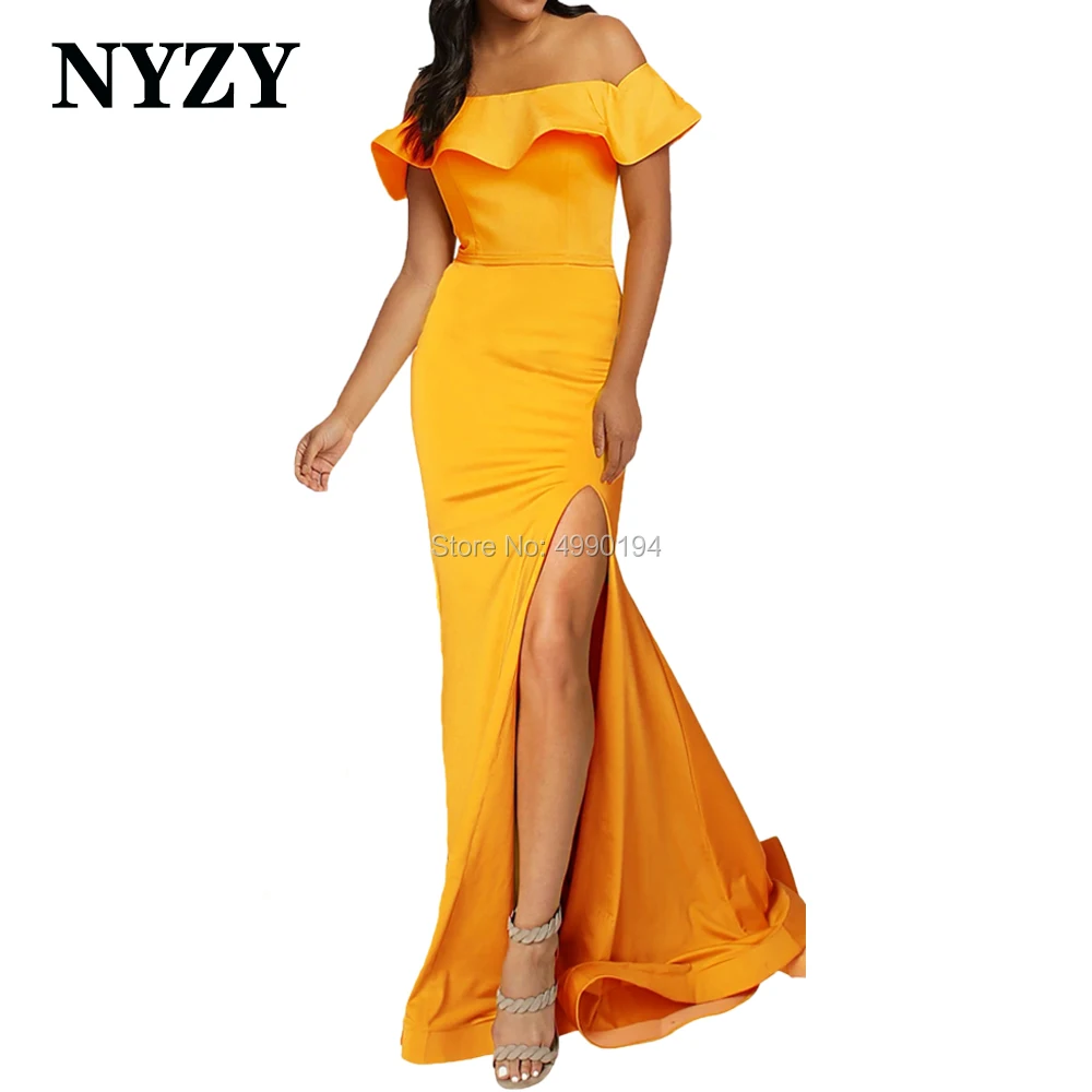 Off the Shoulder High Slit Ruffles Gold Mermaid Prom Dresses Long 2020 NYZY P106 Celebrity Red Carpet Evening Gowns for Women