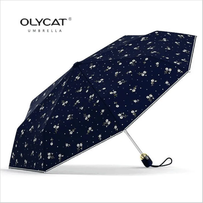 OLYCAT-Women's Travel Umbrella, Fully Automatic Triple-folding Printed with Floral Fashion Patterns, Wind and UV Protection