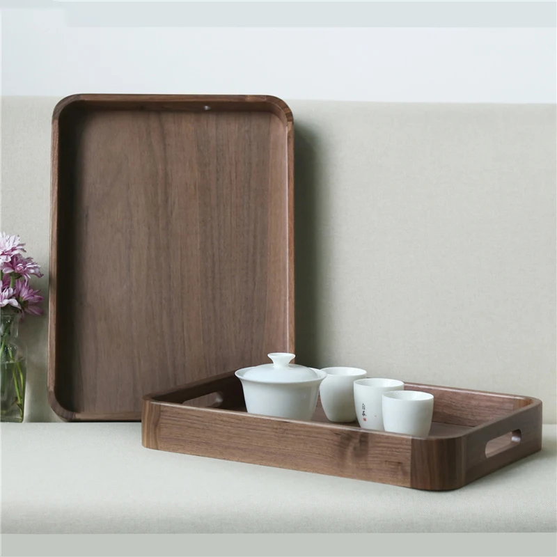 

Wooden Tray Nordic Light Luxury Black Walnut Round Corner Tea Tray With Handle Minimalist Exquisite Home Hotel Coffee Tray