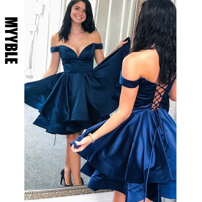 Customized Lovely Off the Shoulder V Neck Navy Blue Satin Short Homecoming Dresses Ball Gown Prom Dress Graduation Party Gowns