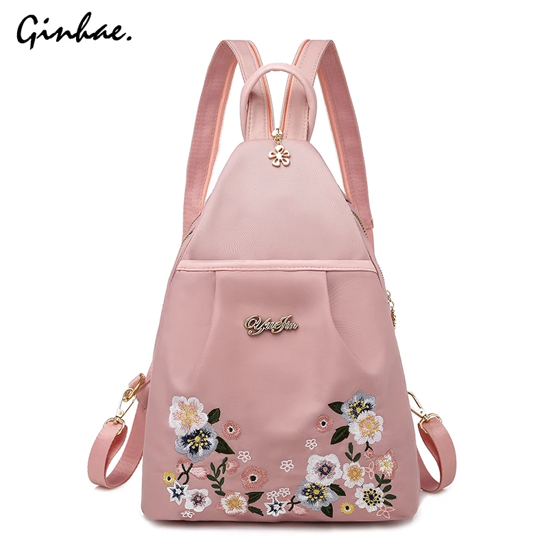 Casual Oxford Personality Backpack Women Anti Theft Shoulder Bag Flowers Embroidery School Bag For Teenage Girls Cute Chest Pack