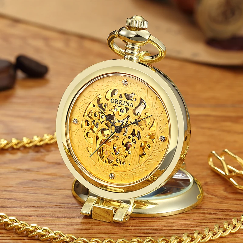 Reloj de bolsillo mecánico automático para hombre y mujer, pulsera de mano con cadena de cuerda, dorado, Retro, antiguo