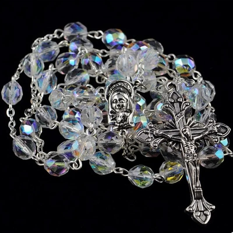 Catholic Rosary Beads Czech AB Glass Bead Silver Traditional Five Decade Gift First Communion