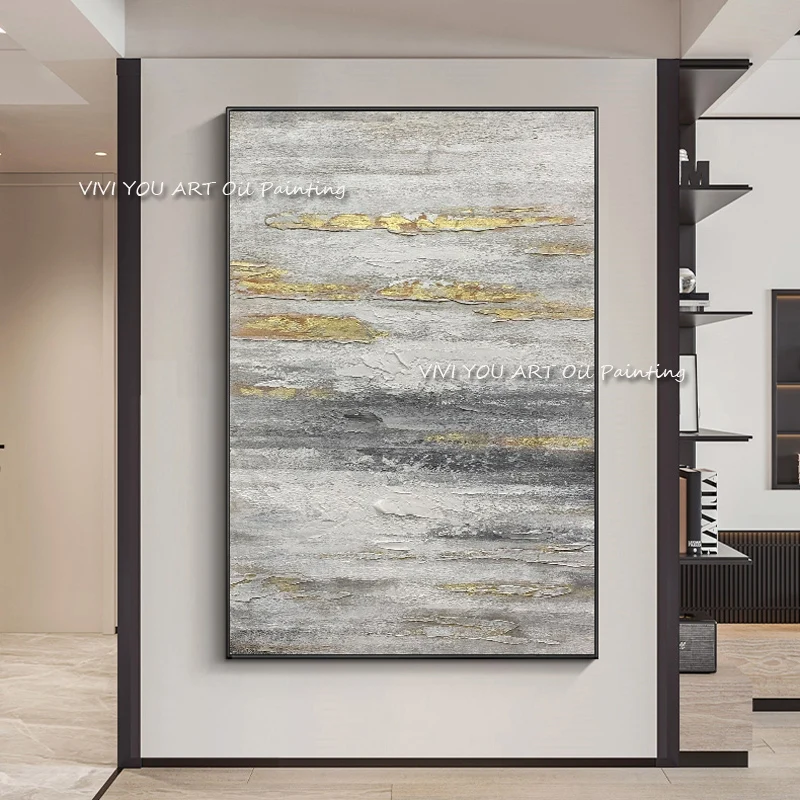 The Fashion Handmade Gray Foil Oil Paintings Canvas Abstract Palette Painting Wall Picture for Bed Room Decoration Yellow White