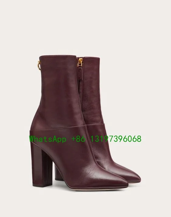 Ladies burgundy thick heel boots pointed sexy metal side zipper boots everyday wear footwear shoes leather pointed boots size 38