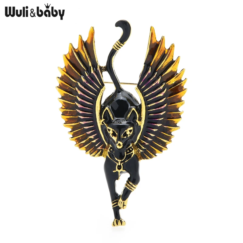 Wuli&baby Flying Angel Cat With Wings Enamel Animal Brooch Pins Egypt Bastet God Of Music & Family