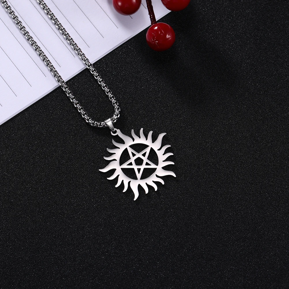 Skyrim Edelstahl Glänzende Sonne Pentagramm Anhänger Halskette Supernatural Dean Aussage Box Kette Halsketten Paar Frauen Männer – Detail 15