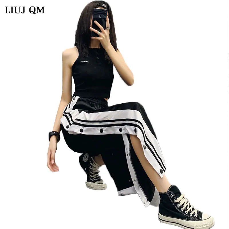 2024 Autumn Women Joggers Sweatpants Casual Wide Leg Pants Women Stripe Hip Hop Sweat Pants Streetwear Women Button Trousers