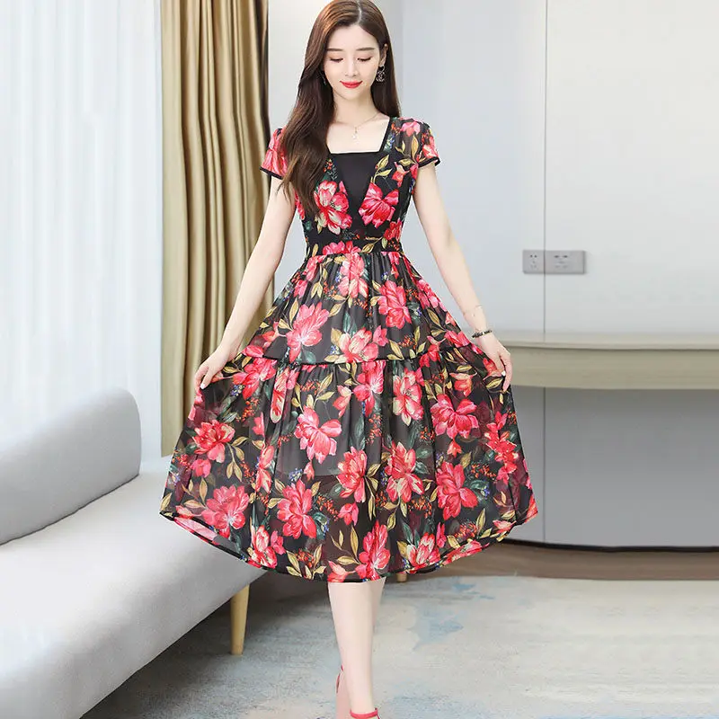 

Fashion V-neck Floral Summer Dress For Women Clothing 2022 New Temperament Waist Casual Ladies Short Sleeve Vestidos aq525