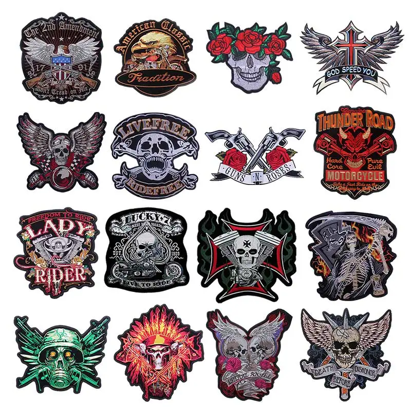 Rose Skull Big Patch Motorcycle Embroidered Patches For Clothes Stickers Biker Patches Hippie Patch Applique Jacket Accessories
