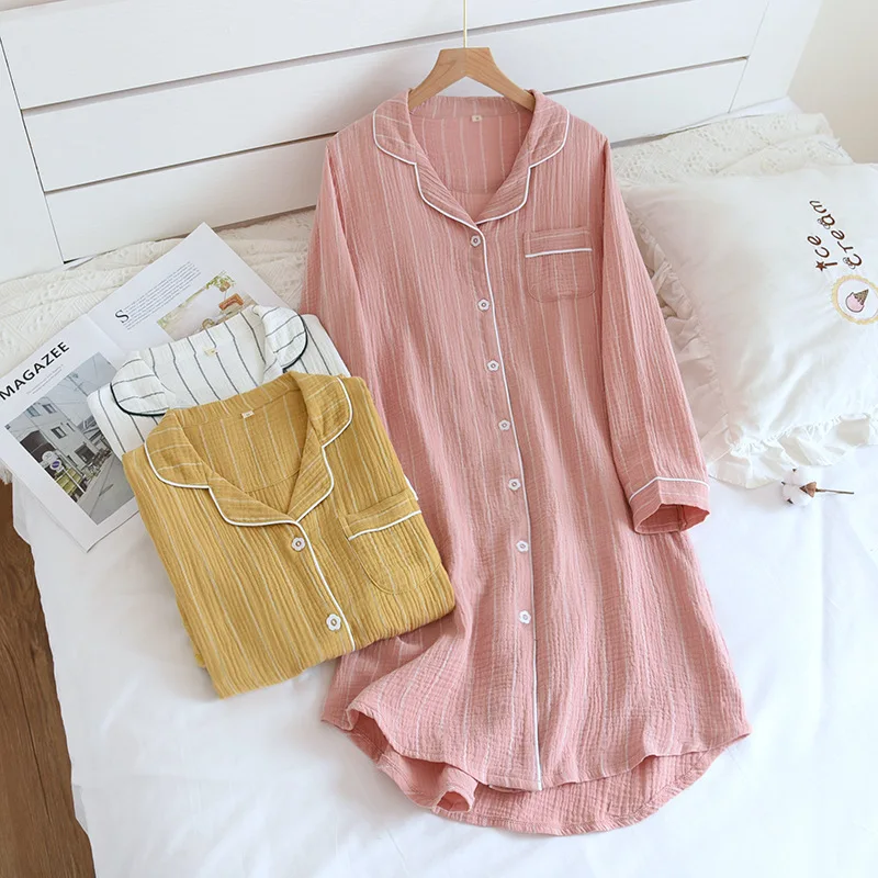 Summer Ladies Cotton Nightgowns Long-sleeved Simple Plus Size Sleepwear Double-layered Gauze Sleeping Dress Striped Sleep Tops