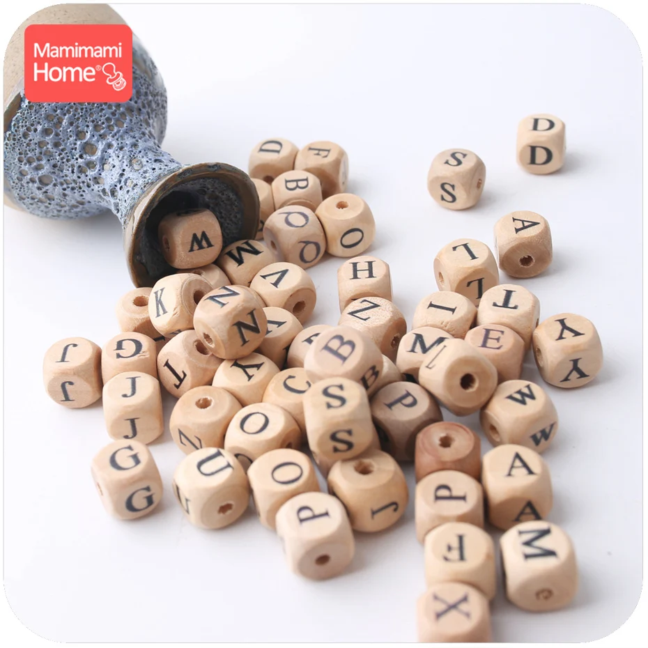 15PCS  Baby Wooden Teether English Letter Beads Food Grade Wood Teether 15PCS 12MM DIY Nursing Necklace Children\'S Goods Toys