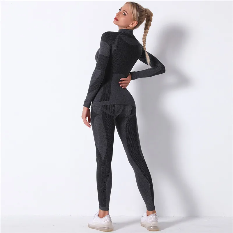 Ternos esportivos sem costura para mulheres, roupas de ginástica, treino, camisas de manga comprida, leggings de cintura alta, calças