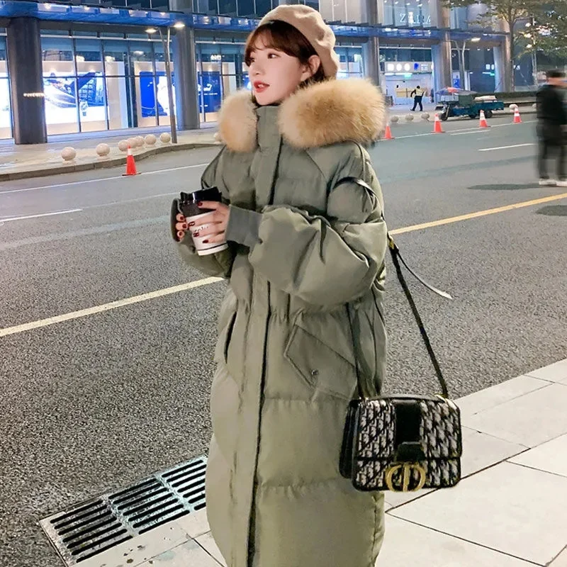 Winter Down Padded Jacket Women's Long Korean The Big Fur Collar Thick Padded Jacket Loose Bread Parkas Hooded Female 2021 New