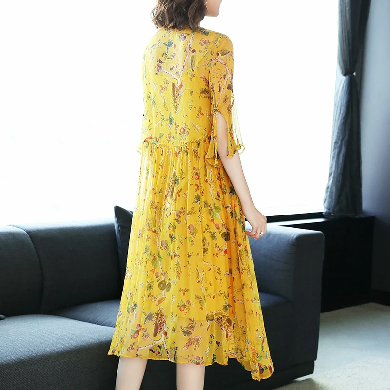 Silk Summer Dress Women Long Party Dress Beach Casual Clothes Elegant Ladies Print Floral Dresses Vestidos Verano LWL1549