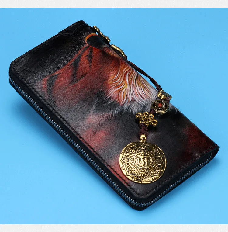 High-end Handmade Genuine Leather Wallets Carving Tiger Bag Purses Men Long Clutch Vegetable Tanned Leather Wallet Gift