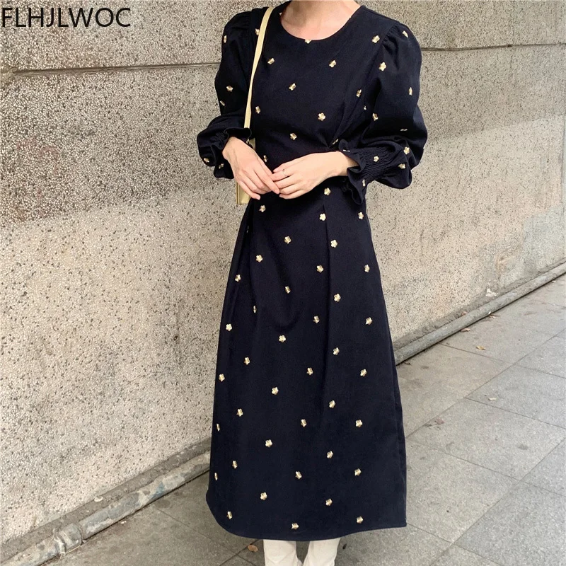 2021 Hot Sales Fenimine Vestidos Women Long Sleeve Office Lady White Dot Floral O Neck Retro Vintage Dress