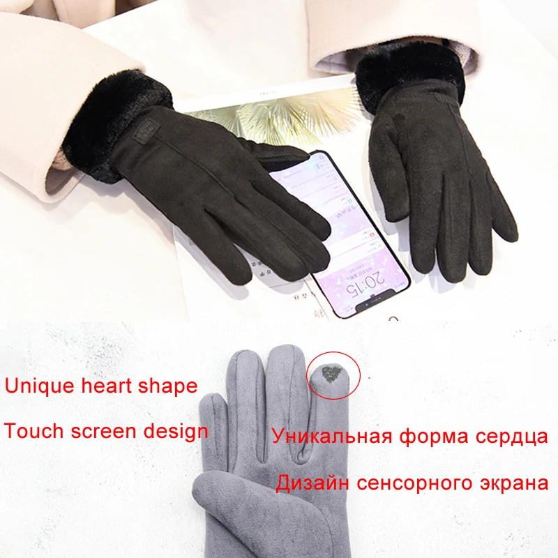 Winter Handschuhe Für Frauen Touchscreen Dame Wildleder Warme Plüsch Innen Finger Handschuhe Weibliche Winter Elegante Weiche Schwarz Fäustlinge Handschuhe