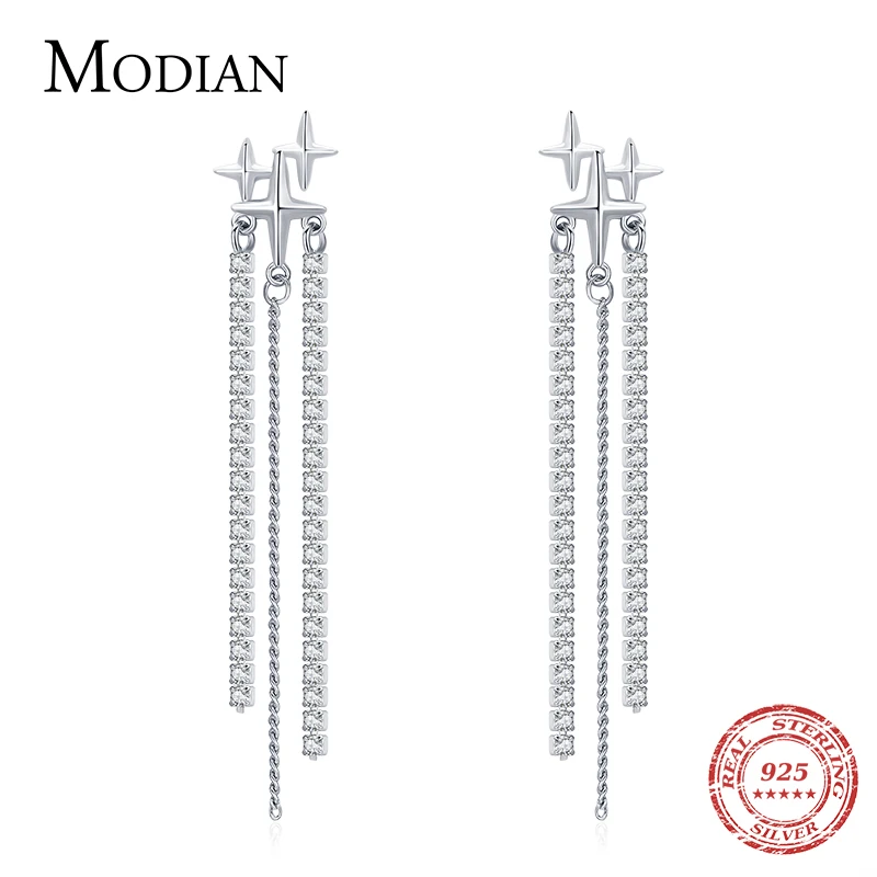 

Modian Long Tassel Drop Earrings for Women Wedding Genuine 925 Sterling Silver Sparkling Clear CZ Dangle Earring Luxury Jewelry