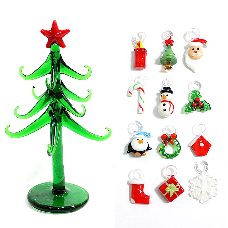 Murano Glass Plant Crafts Figurines Ornaments Home Decor Simulation Christmas Tree Small Sculpture With 12 Pendant Accessories