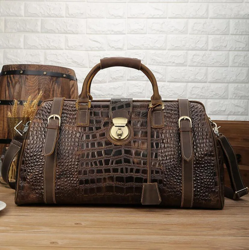 Sac de voyage en cuir de crocodile pour homme, sac à main avec sangle initiée, design de luxe, sac à roulettes Alligator, nouvelle arrivée