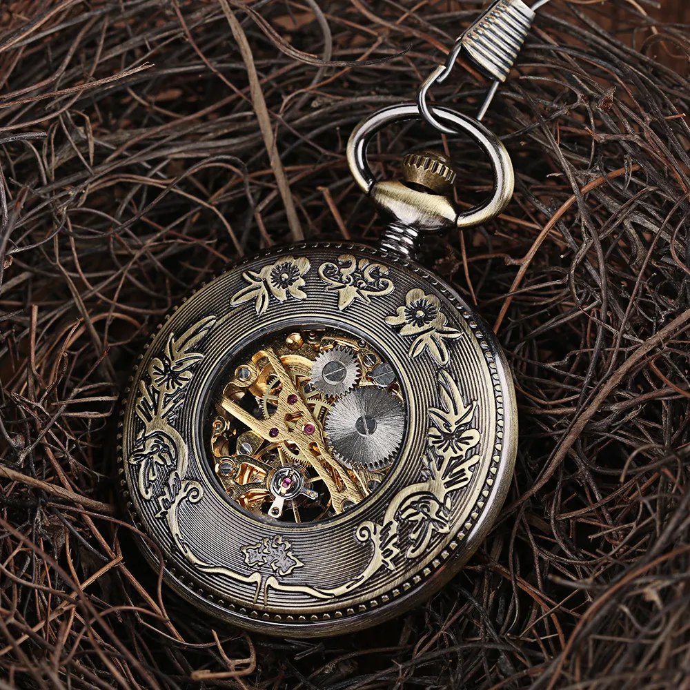 Steampunk Bronze Retro Eagle Blue Roman Numerals Mechanical Pocket Watch Transparent Skeleton Hand Winding Pocket Clock reloj