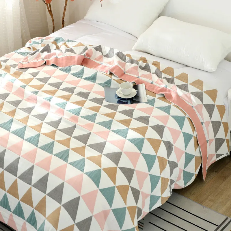 

Geometric Plaid Cotton Sofa Throw Blanket Summer Bedspread Japanese Style Toweling Summer Quilt Blankets for Beds Soft Coverlet