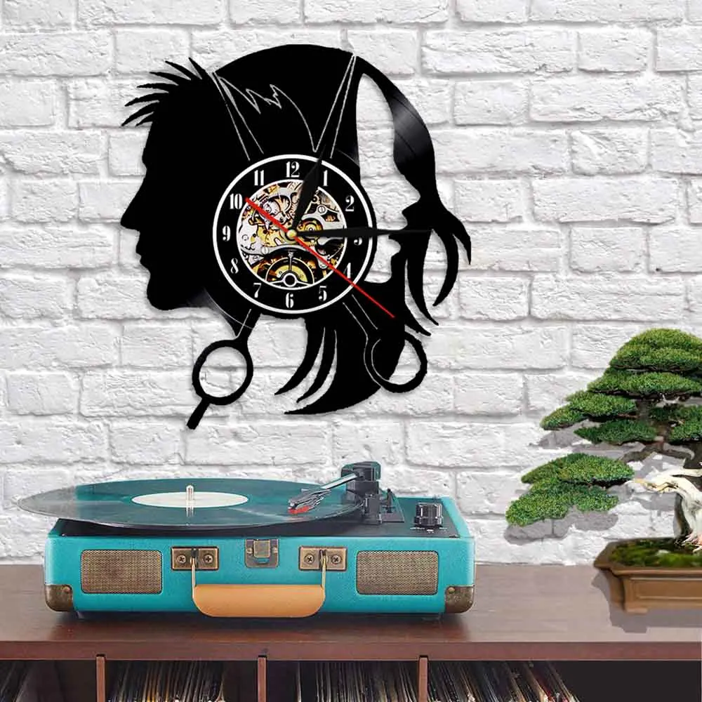 Hairdressers Sign Vinyl Record Wall Clock Barber Shope Wall Art Modern Watch Hanging Decor Hair Scissors Haircut Baber Gift