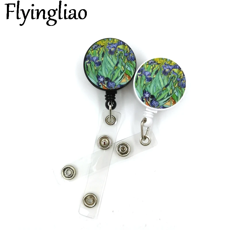 Van gogh Oil Painting Irises Cute Card Cover Clip Lanyard Retractable Student Nurse Badge Reel Clip Cartoon ID Card Badge Holder