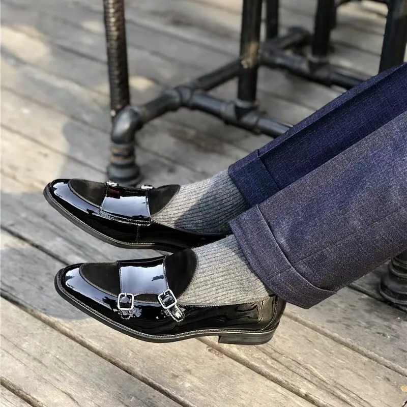 SHOOEGLE Fashion Patent Leather Vintage Style Men Casual Shoes Double Monk Strap Buckle Loafers Wedding High Quality Dress Shoes