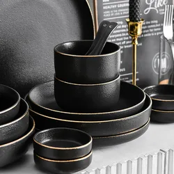 Matte Frosted Gilt Rim Black Porcelain Dinner Plate Set Kitchen Plate Ceramic Tableware Food Dishes Rice Salad Noodles Bowl