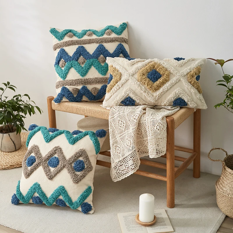 Moroccan Style Cushion Cover Tuft Handmade Pillow Cover 45x45cm/30x50cm Teal Pink Navy  For Sofa Bed  Grey Ivory Diamond Stripe