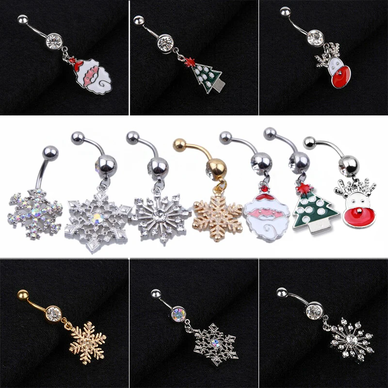 1pcs Christmas Santa Claus Navel Piercing Ombligo Snowflake Dangle Belly Button Ring For Women 361L Stainless Steel Body Ring