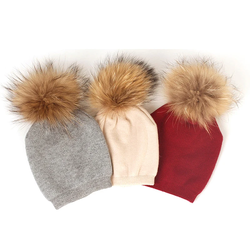 Boys Girls Autumn Winter Baby Hat Wool Skullies Beanies 15cm Real Raccoon Fur Pompom Slouchy Real Fur Warmer Hats