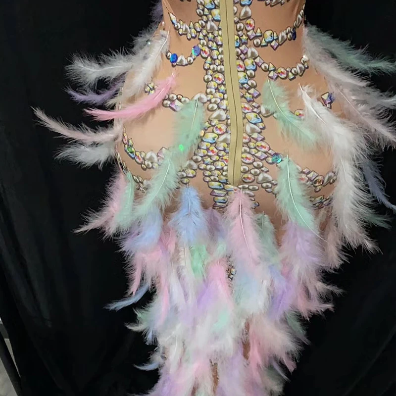 Multi-color Sequin Rhinestone pearl Long Dress slit birthday Party rainbow Feathers Singer club Women Stage Performance Clothes