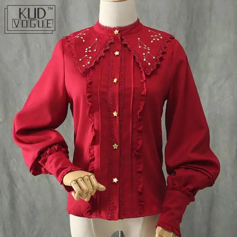 Vintage Embroidery Gold Star Lolita Blouse Women\'s Lace Long Flare Sleeve Chiffon Shirt Ruffle Gothic Blouse Red Black White Top