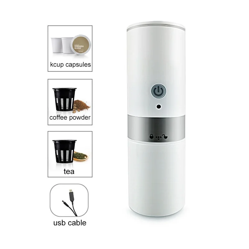 Molinillo de granos de café portátil de viaje con carga USB, Cafetera de cápsula de café de acero inoxidable, olla de goteo