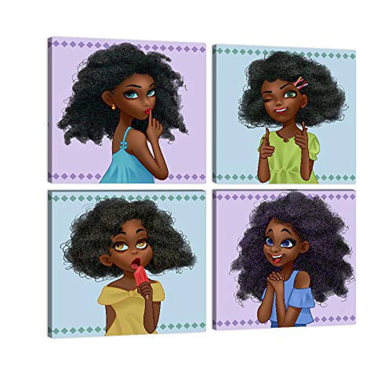 4 Pieces Black Girl Cute Kids African American Posters Canvas Wall Art Picture Home Decor Paintings for Living Room Decorations