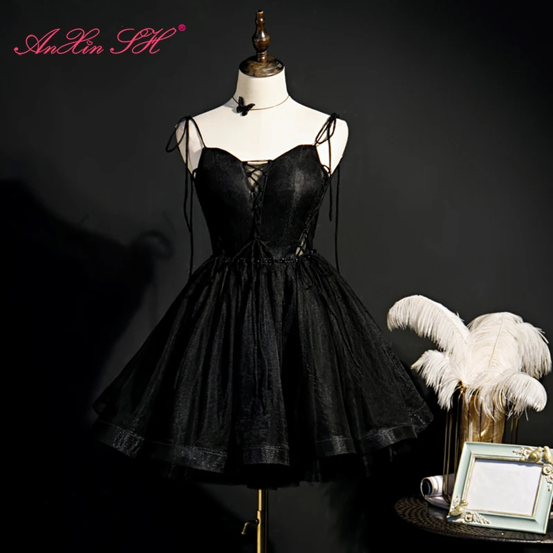 AnXin SH Luxury princess black lace host spaghetti strap bow sleeveless party short customized evening dress little black dress