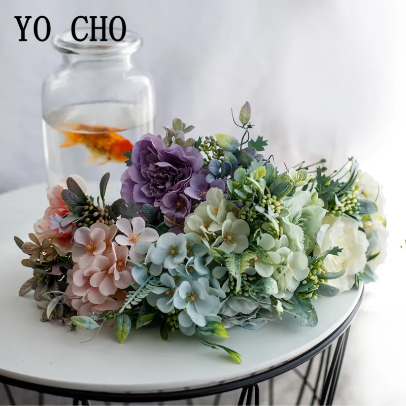 YO CHO-Mini ramo de flores artificiales de seda, rosa, Begonia, flor falsa, dama de honor, boda, Camelia, ramo de peonía, decoración para fiesta en casa