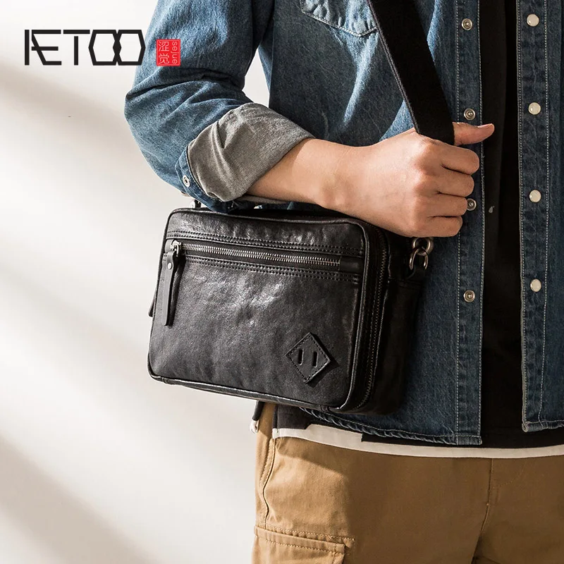 AETOO Leather men\'s casual messenger bag, all-match simple shoulder bag, cowhide fashion messenger bag