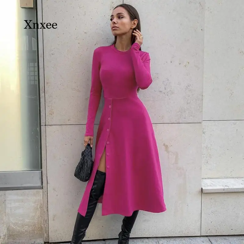 

Autumn Women's Knitted Dress Sexy Slit Tight High Waist Button Autumn and Winter Dress Stretch Casual Mid-Length Dress