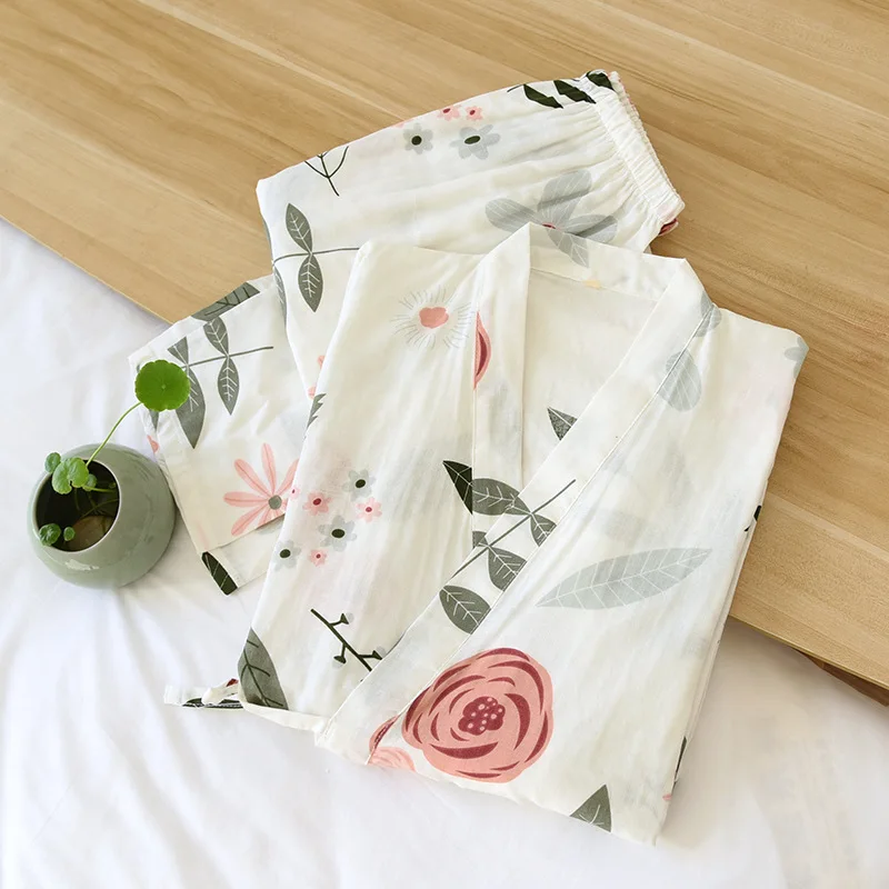 2024 new Japanese kimono suit pajamas spring and summer ladies cotton three-quarter sleeves big flowers home clothes thin loose