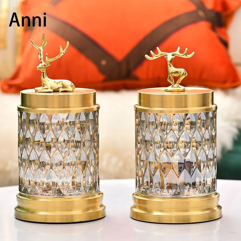 

Gold-plated Deer Decorative Glass Bottle Nordic Modern Copper Crystal Candy Snacks Storage Jars with Lid Living Room Decoration