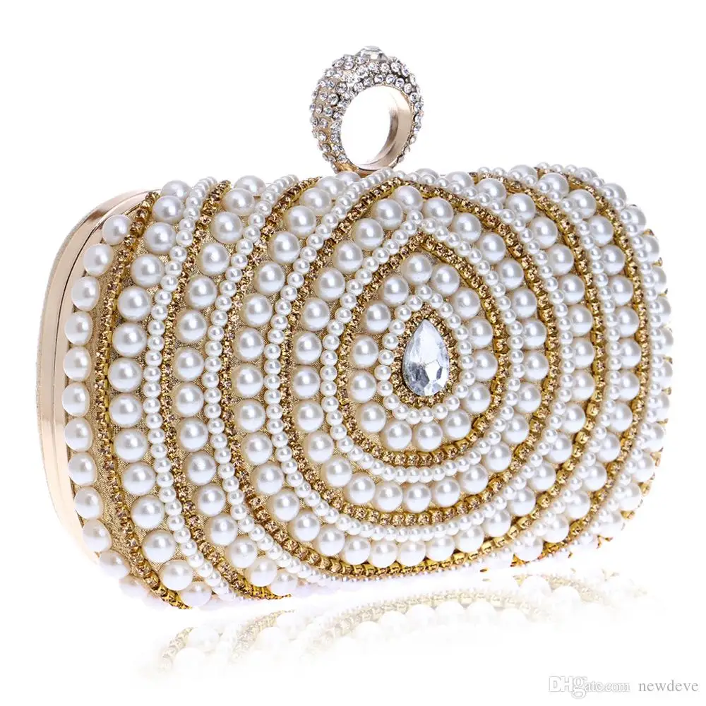 Retro Pearl Diamonds Wedding Bag Gold Silver Bling Bling Beaded Diamonds Dinner Bags Female Handbag Celebrity Evening Dress Bag